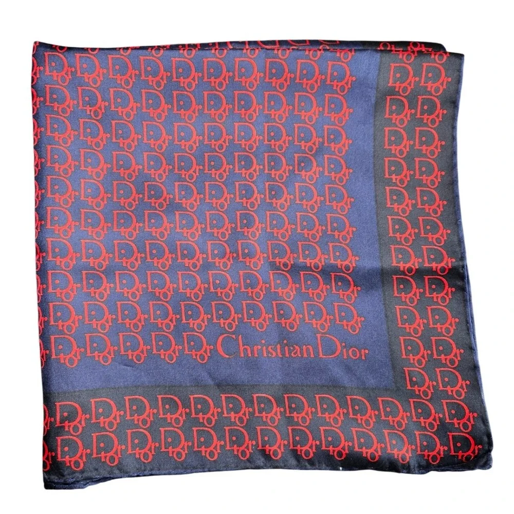 Christian Dior Vintage Silk Scarf Navy Blue Red Trotter Oblique Logo Scarf